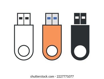 Usb flash drive iconos planos, silueta de dispositivos de almacenamiento de datos, iconos de línea.