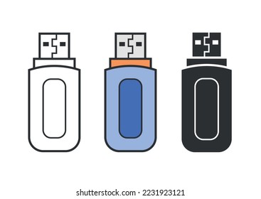 Usb flash drive iconos planos, silueta de dispositivos de almacenamiento de datos, iconos de línea.