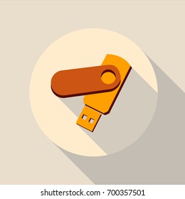USB flash drive. Flat style with long shadows, vector icon illustration. Orange and brown color
