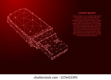 USB flash drive from futuristic polygonal red lines and glowing stars for banner, poster, greeting card. Vector illustration.