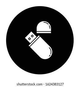 USB flash drive glyph icon. Compact data storage device. Memory stick. Thumb drive. Transferring information. Small portable electronic gadget. Vector white silhouette illustration in black circle