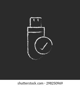 USB flash drive hand drawn in chalk on a blackboard vector white icon on a black background