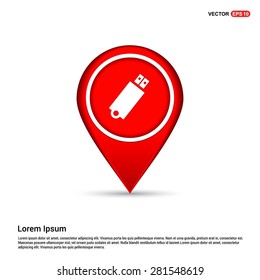 usb flash drive icon - abstract logo type icon - white icon in map pin point showing Technology concept red background. Vector illustration