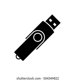 USB flash drive icon. Black icon isolated on white background. USB flash drive silhouette. Simple icon. Web site page and mobile app design vector element.