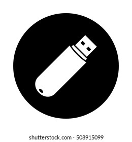 USB flash drive icon. Black icon isolated on white background. Round icon. USB flash drive silhouette. Simple circle icon. Web site page and mobile app design vector element.