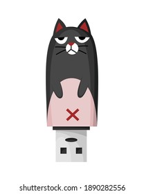 Icono de unidad flash USB. Símbolo de caricatura de gato triste. Paquetes de memoria coloreados aislados sobre fondo blanco en estilo plano