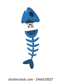 USB flash drive icon. Cartoon symbol of fish skeleton. Colored memory stick isolated on white background in flat style
