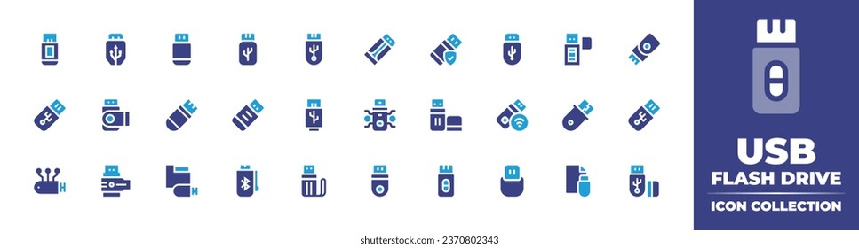 USB flash drive icon collection. Duotone color. Vector illustration. Containing usb cable, usb, flash disk, pen drive, flash drive, drive, usb connector.