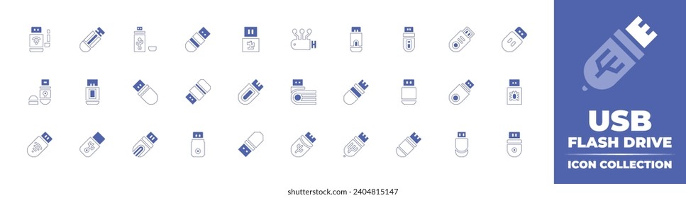 Colección de iconos de la unidad flash USB. Color de duotona. Ilustración vectorial y transparente. Conteniendo flash, usb flash drive, usb, flash disk, modem, computer, open drive, pen drive.