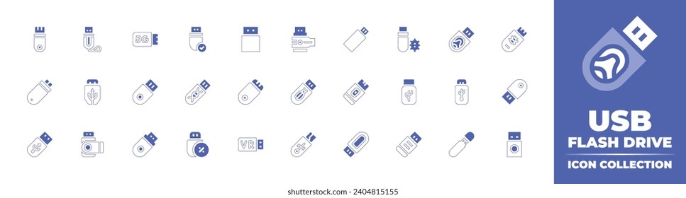 Colección de iconos de la unidad flash USB. Color de duotona. Ilustración vectorial y transparente. Contiene unidad flash, usb, flash, unidad usb, cable, disco flash, lápiz, stick, flashdisk. 