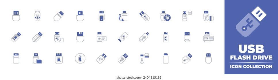 Colección de iconos de la unidad flash USB. Color de duotona. Ilustración vectorial y transparente. Contiene unidad flash usb, flash, usb, unidad usb, pluma, flashdisk. 