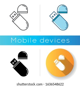 USB flash drive icon. Compact data storage device. Memory stick. Thumb drive, key. Transferring information. Small electronic gadget. Linear black and RGB color styles. Isolated vector illustrations