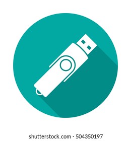 USB flash drive icon with long shadow. Flat design style. Round icon. USB flash drive silhouette. Simple circle icon. Modern icon in stylish colors. Web site page and mobile app design vector element.