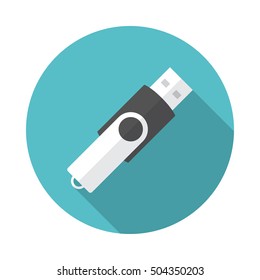 USB flash drive icon with long shadow. Flat design style. Round icon. USB flash drive silhouette. Simple circle icon. Modern icon in stylish colors. Web site page and mobile app design vector element.