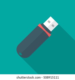 USB flash drive icon with long shadow. Flat design style. USB flash drive silhouette. Simple icon. Modern flat icon in stylish colors. Web site page and mobile app design vector element.
