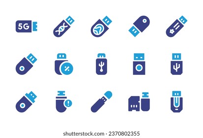 Juego de iconos de unidad flash USB. Color de duotona. Ilustración vectorial. Contiene unidad flash, unidad flash usb, stick, unidad, flashdisk, almacenamiento. 