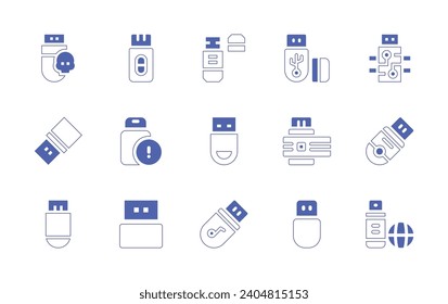 Juego de iconos de unidad flash USB. Color de duotona. Ilustración vectorial. Contiene unidad usb, pluma, usb, unidad flash, pulgar, flashdisk, pendrive, bitcoin, flashdrive.