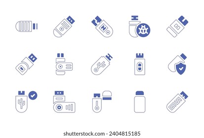 Juego de iconos de unidad flash USB. Color de duotona. Ilustración vectorial. Contiene unidad flash, unidad flash usb, usb, pluma.