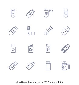 Usb flash drive icon set. Thin line icon. Editable stroke. Containing pendrive, usb, flashdisk, usbdrive, flashdrive.