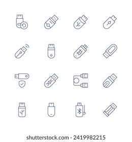 Usb flash drive icon set. Thin line icon. Editable stroke. Containing pendrive, wireless, usb, usbdrive, usbcable, usbflashdrive.