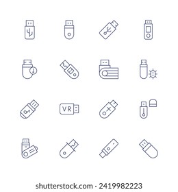 Usb flash drive icon set. Thin line icon. Editable stroke. Containing pendrive, usb, usbdrive, flashdisk, flashdrive, usbflashdrive.