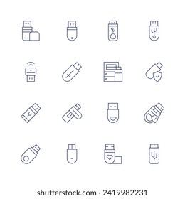 Usb flash drive icon set. Thin line icon. Editable stroke. Containing pendrive, usbdrive, usb, flashdrive, usbflashdrive.