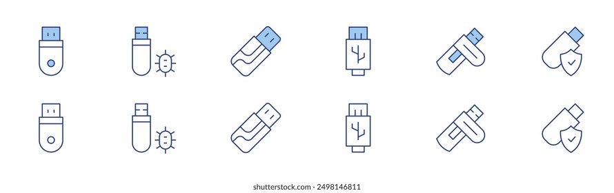 Icono de unidad flash USB establecido en dos estilos, Duotone y estilo de línea delgada. Movimiento editable. transferencia de archivos, cable de extensión, partición, unidad con protección de Contraseña.