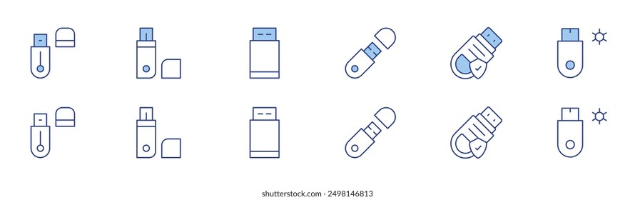 Icono de unidad flash USB establecido en dos estilos, Duotone y estilo de línea delgada. Disco duro externo, rendimiento, unidad robusta, cable de extensión, virus.