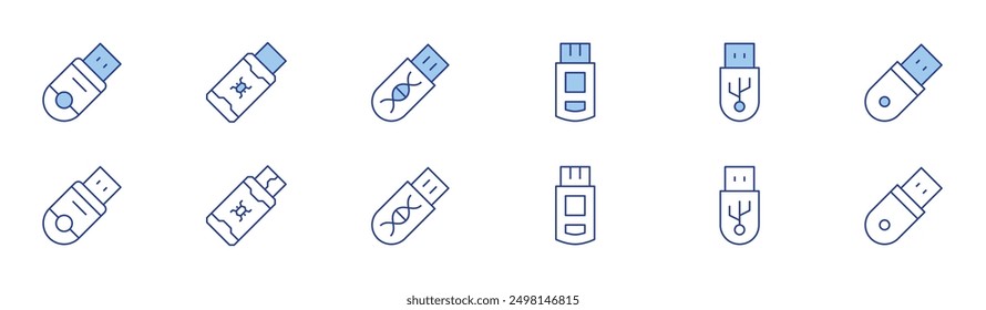 Icono de unidad flash USB establecido en dos estilos, Duotone y estilo de línea delgada. Disco duro externo, concentrador USB, expansión de almacenamiento, virus de stick, sistema de archivos.