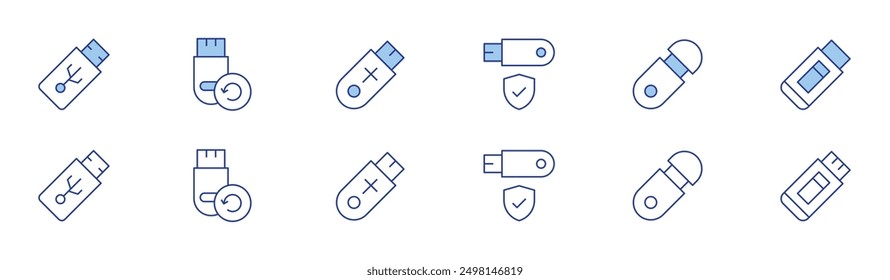 USB-Flash-Laufwerk-Symbol in zwei Stilen, Duotone und Thin Line-Stil. Bearbeitbarer Strich. Laufwerk für iPhone, Speichermanagement, Speichererweiterung, Reparatur, Laufwerk mit Passwortschutz.