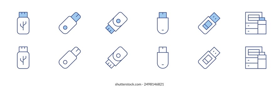 Icono de unidad flash USB establecido en dos estilos, Duotone y estilo de línea delgada. Almacenamiento para teléfono, rendimiento, cifrado de unidad, arranque.