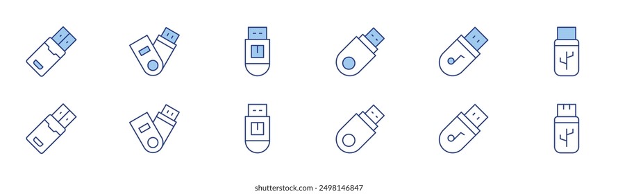 Icono de unidad flash USB establecido en dos estilos, Duotone y estilo de línea delgada. Almacenamiento en la nube, unidad segura, rendimiento, formato, velocidad de la unidad.