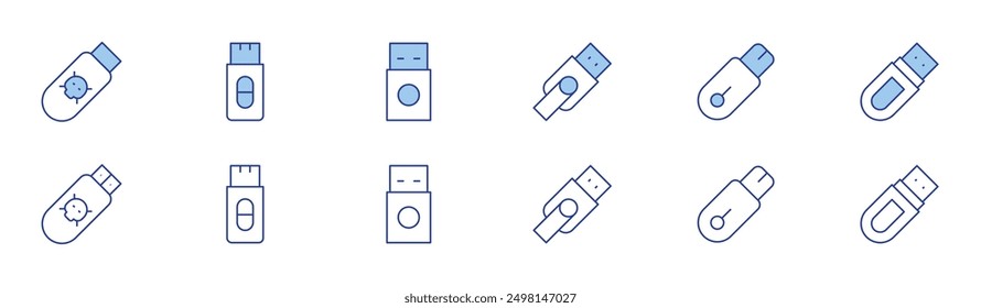 Icono de unidad flash USB establecido en dos estilos, Duotone y estilo de línea delgada. Trazo editable. Adaptador USB, almacenamiento portátil, unidad de cifrado, unidad a prueba de agua.