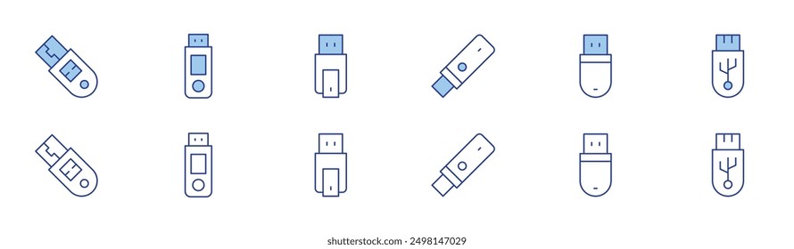 Icono de unidad flash USB establecido en dos estilos, Duotone y estilo de línea delgada. Trazo editable. unidad de pulgar, cable OTG, partición, software de cifrado.