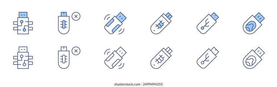 Icono de unidad flash USB establecido en dos estilos, Duotone y estilo de línea delgada. Copia de seguridad de datos, expansión de almacenamiento, SSD portátil, almacenamiento seguro, 3.0.