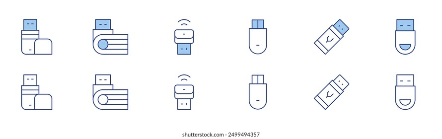 Icono de unidad flash USB establecido en dos estilos, Duotone y estilo de línea delgada. Copia de seguridad de datos, unidad OTG, solución de problemas, solo lectura, almacenamiento para teléfono.