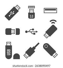 Usb flash drive icon set, portable storage device