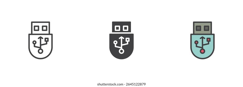 Ícone da unidade flash USB definido em três estilos: linha, contorno preenchido sólido e colorido. Ícone de símbolo de escritório de acessório de dispositivo ou armazenamento de dados de vetor.
