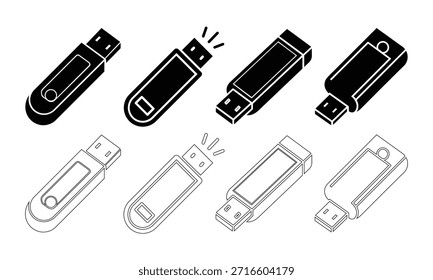 USB-Flash-Laufwerk Symbol Set Schwarz-Weiß Umriss Speichergerät Vektor Sammlung