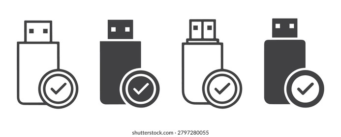 USB Flash Drive Icon Set with Check Mark Approved Storage Device Vector Collection