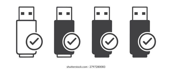 USB Flash Drive Icon Set with Check Mark Approved Storage Device Vector Collection