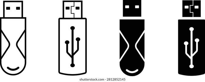 USB Flash Drive Icon Set, Pen Drive, Memory Stick and USB Storage Device Vector in Outline and Solid Style