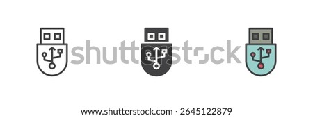 USB flash drive icon set in three styles: line, solid and colorful filled outline. Vector data storage or device accessory office symbol icon.