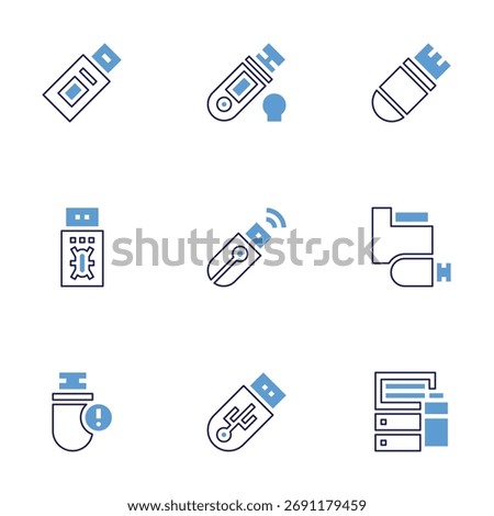 USB flash drive icon set. Bold line style. Duotone colors. Editable stroke. usb, usb drive, flash drive, wireless, virus, pen drive.