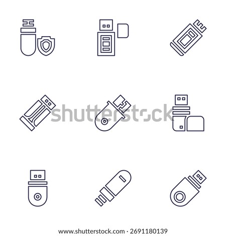 USB flash drive icon set. Line style. Editable stroke. usb drive, flash drive, usb, pen drive, flash disk, pendrive.