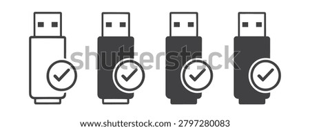 USB Flash Drive Icon Set with Check Mark Approved Storage Device Vector Collection