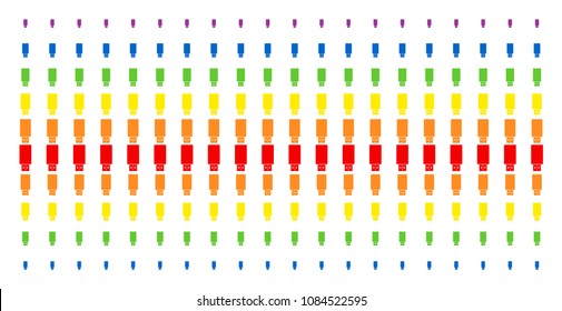 USB Flash Drive icon spectral halftone pattern. Vector pictograms organized into halftone array with vertical rainbow colors gradient. Constructed for backgrounds, covers,