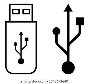 Ícone da unidade flash USB com símbolo USB. Estilo de esboço simples adequado para temas de tecnologia, hardware, armazenamento ou conectividade. Ideal para design digital e uso de interface.