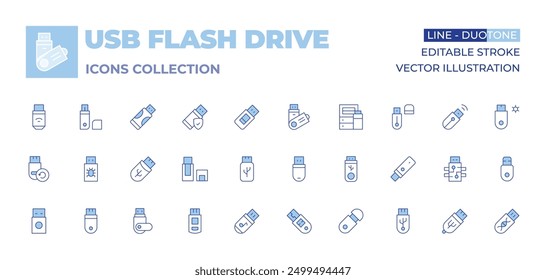 Colección de iconos de unidad flash USB. Línea estilo Duotone, carrera editable. unidad USB resistente, unidad USB con protección de Contraseña, gestión de almacenamiento USB.