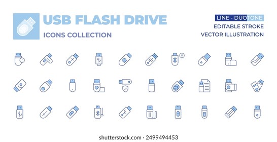 Colección de iconos de unidad flash USB. Línea estilo Duotone, carrera editable. disco duro externo, unidad USB para Mac, seguro, reparación USB, USB 3.0.